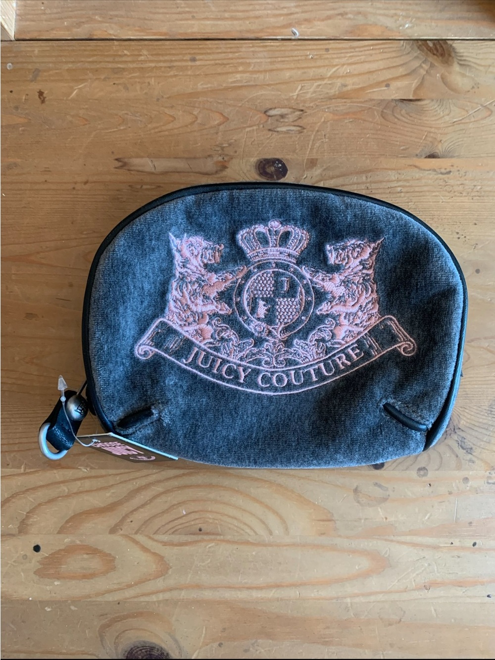 NWT Juicy Couture Gray Velvet Pouch with Pink Crest Embroidery
